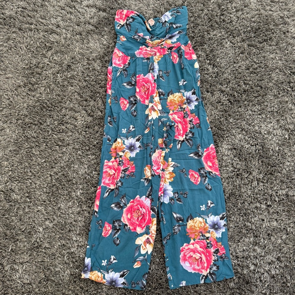 Band of Gypsies Strapless Wide Leg Floral Jumpsuit in Teal, Size L